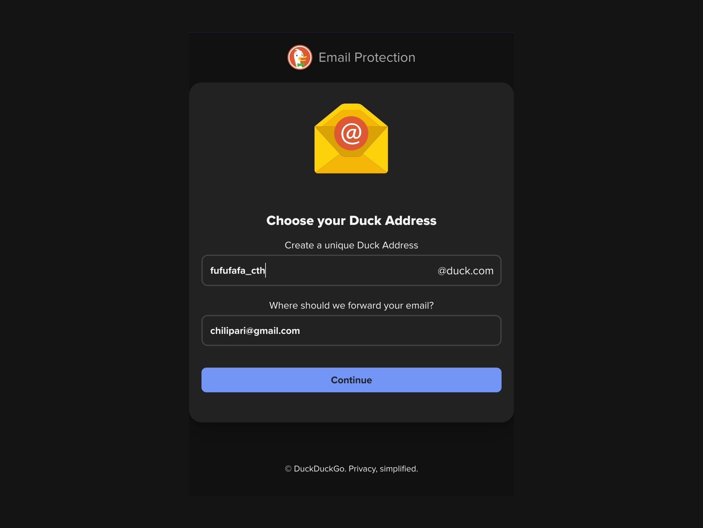 Tangkapan layar halaman DuckDuckGo Email Protection yang memungkinkan pengguna membuat alamat email unik dengan domain @duck.com. Pada gambar, pengguna memilih alamat 'fufufafa_cth@duck.com', dan email akan diteruskan ke 'chilipari@gmail.com'. Terdapat tombol 'Continue' berwarna biru di bagian bawah.