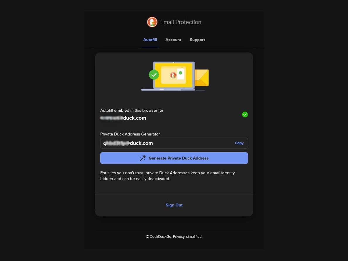 Antarmuka dashboard DuckDuckGo Email Protection yang menunjukkan fitur autofill di browser dan generator alamat email privat dengan domain @duck.com